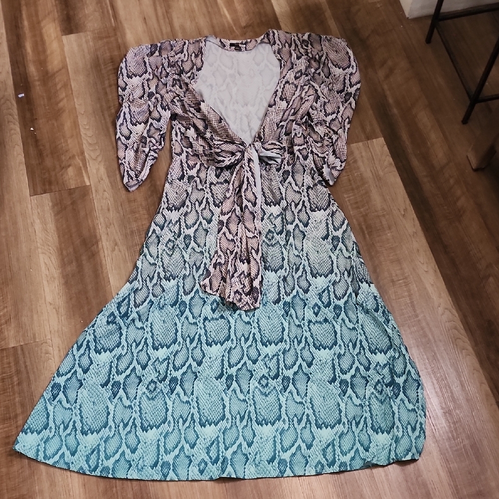 AFRM Snake Print Midi Dress Size M Puff Sleeve Tie Waist Green Ombre Python - Picture 5 of 13